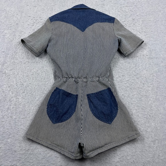 LYKKE WULLF Janae Romper Womens Small Navy Stripe 3" Denim Zip 70s Pockets Retro - Picture 10 of 12